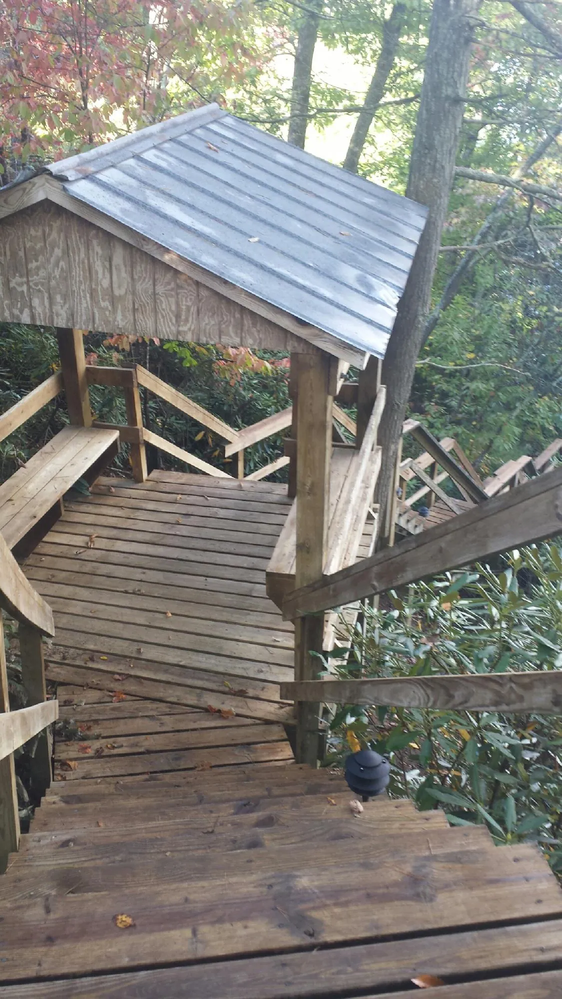 Metal roofed shelter over wooden steps on a wooded walkway — Skylight Repair & Installation work by our crew in Mooresville